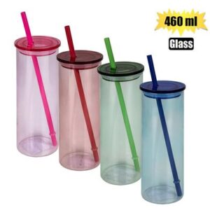 Drinking-bottle Glass & Straw 460ml Assorted