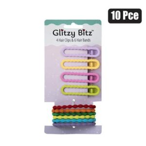 Glitzy Bitz Hair Band Elastic & Clips 10-piece