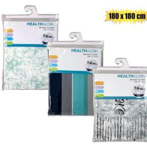 Health Glow Shower Curtain Plastic with 12 Hooks 180 x 180cm