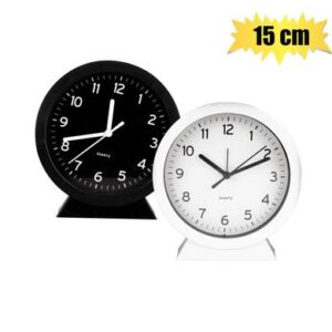 Clock Alarm Plastic Rnd on Stand 15cm Assorted